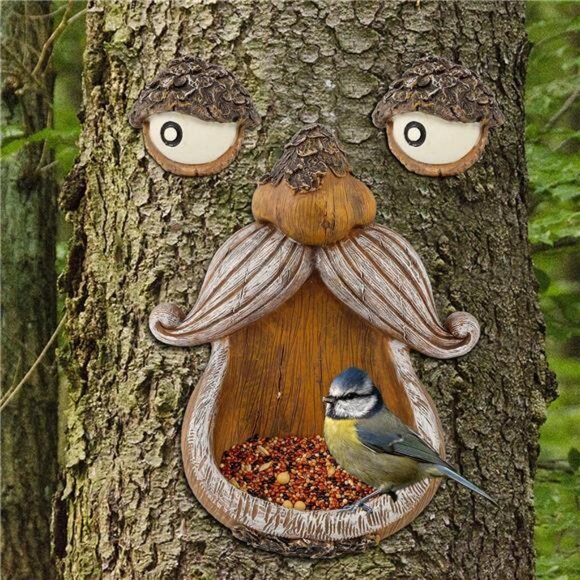Tree Face Decor Bird Feeder Outdoor, Eyes Glow in Dark Fun Old Man Tree Hugger - Picture 2 of 7